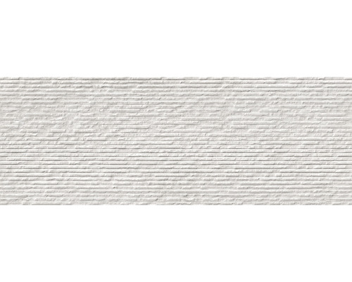 Steingut Dekorfliese Grunge 32x90 cm grau matt rektifiziert Dekorative Wandverkleidung mit horizontaler Rillenstruktur.