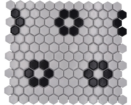 Keramikmosaik Hexagon HX035 26,0x30,0 cm weiß schwarz Mosaikfliese mit sechseckigen Elementen und Muster