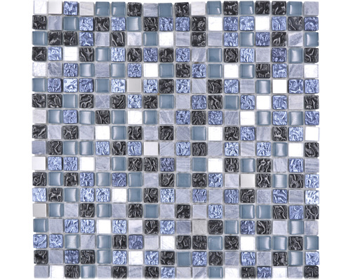 Glasmosaik mit Naturstein XCM M670 30,0x30,0 cm blau grau Mosaikfliese mit quadratischen Elementen in verschiedenen Farbtönen