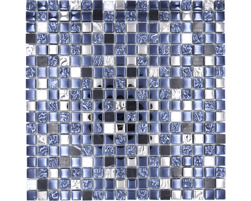 Glasmosaik mit Naturstein XCM M660 30,0x30,0 cm schwarz silber Mosaikfliese mit quadratischen Glas- und Stein-Elementen