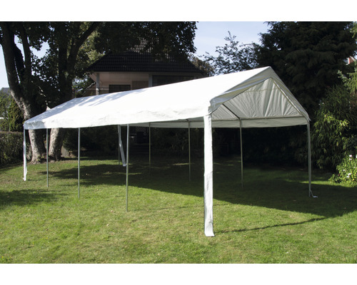 Weißes Partyzelt mit Stahlrahmen auf einer Rasenfläche