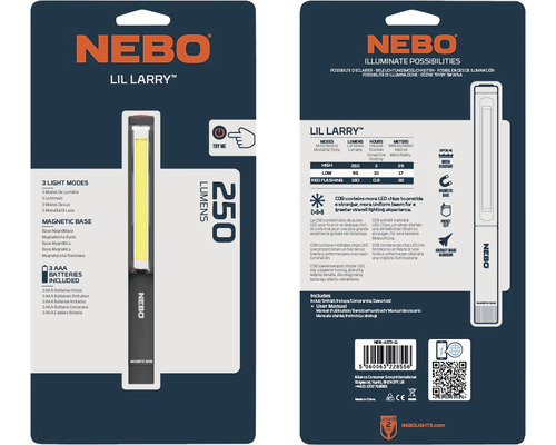 NEBO Lil Larry Taschenlampe mit drei Leuchtmodi und Magnetfuß, inklusive Batterien