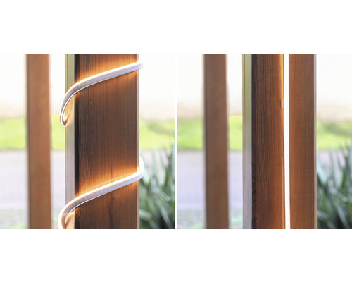 Flexible LED Leuchte an einem Holzpfosten, zwei Installationsarten