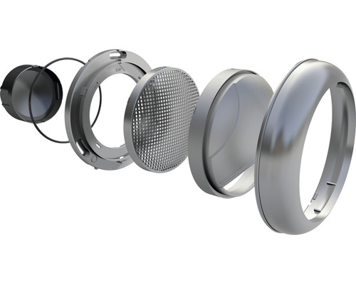 Explosionszeichnung eines LED-Außenstrahlers, bestehend aus Gehäuse, Dichtung, Diffusor und Gitter