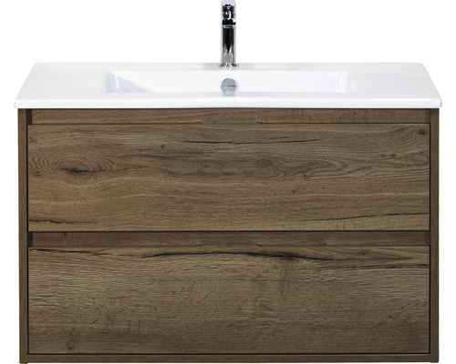 Waschbeckenunterschrank Sanox Porto 57x91x51 cm mit Keramikwaschbecken tabacco Waschtischunterschrank mit zwei Schubladen, Waschbecken und Armatur