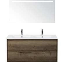 Badmöbel-Set Sanox Porto Keramik 170x121x51 cm Doppel-Keramikwaschbecken 2 Schubladen tabacco mit LED-Beleuchtung
