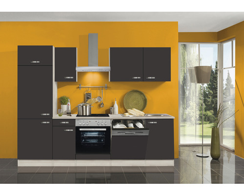 Küchenblock Optifit Faro anthrazit matt/Akazie-Dekor 270 cm inkl. Einbaugeräte mit Glaskeramik-Kochfeld und Einbaukühlschrank