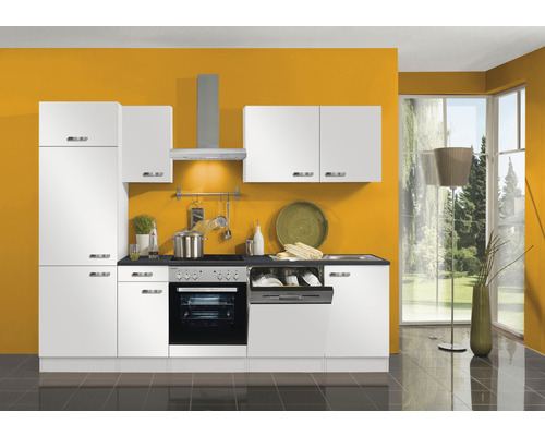 Küchenblock Optifit Lagos weiß glänzend 270 cm inkl. Einbaugeräte mit Kaminschacht Küche mit weißen Schränken, Spüle, Geschirrspüler und Ofen