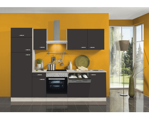 Küchenblock Optifit Faro anthrazit matt/Akazie-Dekor 270 cm inkl. Einbaugeräte mit Glaskeramik-Kochfeld und Kühl-und Gefrierkombi