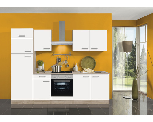 Küchenblock Optifit Zamora weiß matt/Nachbildung Eiche hell 270 cm inkl. Einbaugeräte mit Glaskeramik-Kochfeld und Kühl- und Gefrierkombi