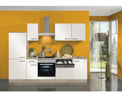 Küchenblock Optifit Dakar weiß glänzend/Nachbildung Eiche hell 270 cm inkl. Elektrogeräte mit Einbaukühlschrank und Geschirrspüler