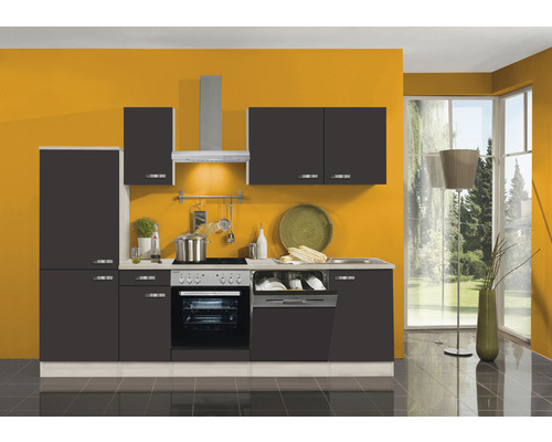 Küchenblock Optifit Faro anthrazit matt/Akazie-Dekor 270 cm inkl. Einbaugeräte mit Glaskeramik-Kochfeld und Geschirrspüler