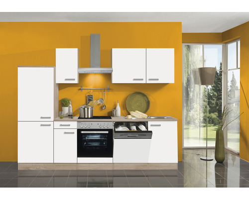 Küchenblock Optifit Zamora weiß matt/Nachbildung Eiche hell 270 cm inkl. Einbaugeräte mit Glaskeramik-Kochfeld und Einbaukühlschrank