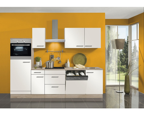 Küchenblock Optifit Dakar weiß glänzend/Nachbildung Eiche hell 270 cm inkl. Elektrogeräte mit Backofen im Midischrank