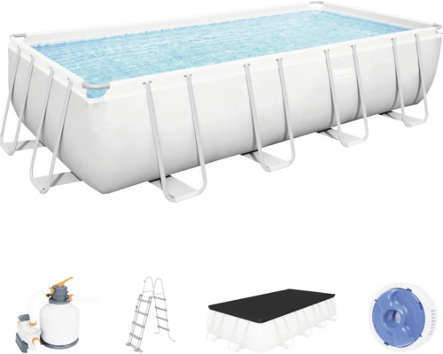 Aufstellpool Framepool-Set Bestway Power Steel™ eckig 549x274x122 cm inkl. Sandfilteranlage, ChemConnect Dosierer, Zeitschaltuhr, Leiter & Abdeckplane grau