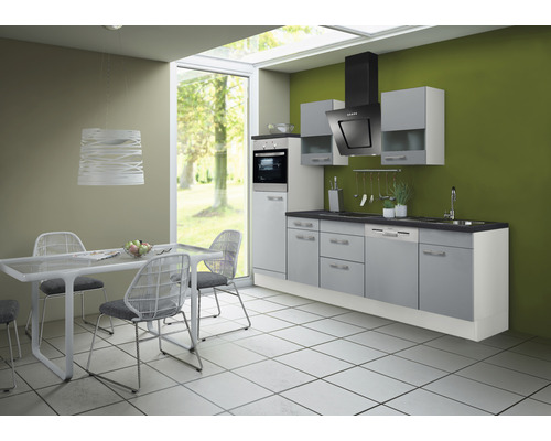 Küchenblock Optifit Ronja825 Basaltgrau matt/weiß 280 cm inkl. Einbaugeräte mit Hängeschrank mit Glaseinsatz