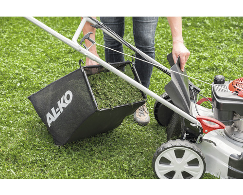 Person leert Grasfangkorb eines AL-KO Benzin-Rasenmähers.