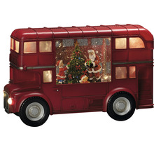 Dekorativer, roter Doppeldeckerbus mit Weihnachtsmann, Kind und Weihnachtsbaum im Inneren