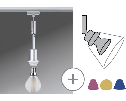 Abbildung einer Leuchte zur Schienenmontage mit auswechselbaren Lampenschirmen
