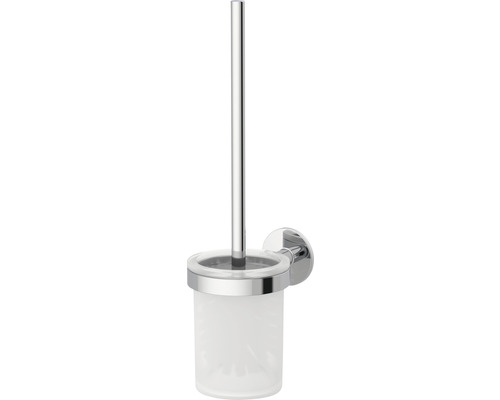 Wandmontierte WC-Garnitur mit Behälter aus Glas und Bürste mit Griff aus Metall.