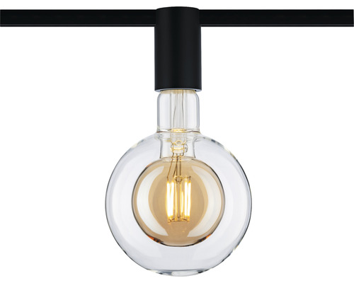 Kugelförmige LED-Lampe mit transparentem Glas und schwarzer Halterung