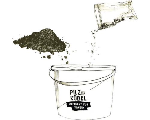 Illustration eines Eimers mit Aufschrift Pilzzucht für Daheim, in den Erde und Saatgut gefüllt werden.