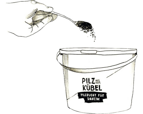 Illustration einer Pilzzucht im Eimer mit Hand und Löffel