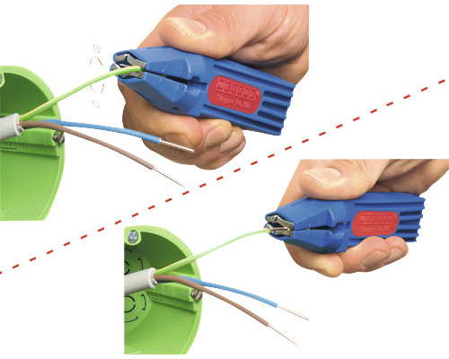 Illustration der Verwendung einer Abisolierzange zum Abisolieren von Kabeln.