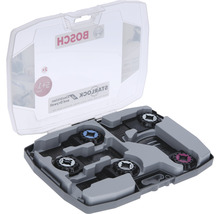 Bosch Logo. Starlock Sägeblatt Set in grauer Aufbewahrungsbox mit transparentem Deckel.