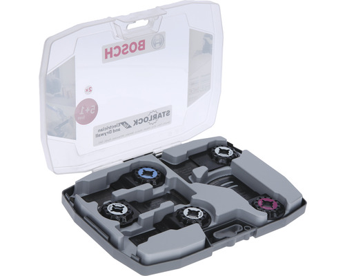 Bosch Logo. Starlock Sägeblatt Set in grauer Aufbewahrungsbox mit transparentem Deckel.