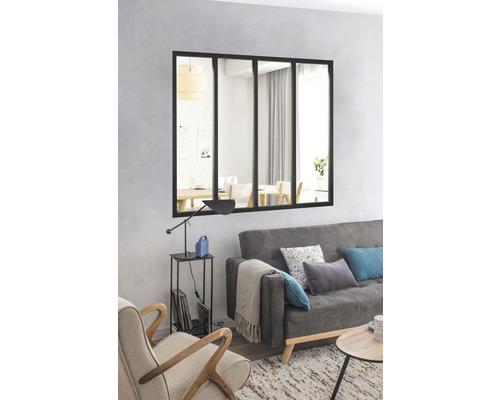Innenfenster 4-Elemente "Verriere Künstleratelier" 123,2x108 cm schwarz inkl. Glas Wohnzimmer mit Sofa, Sessel, Beistelltisch und Wandspiegel im Industriedesign