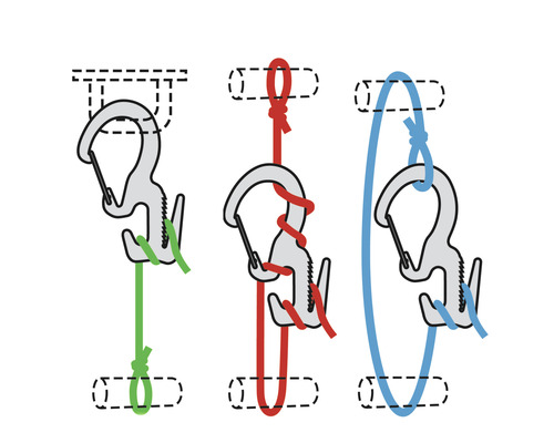 Illustration von drei Haken mit verschiedenen Seilbefestigungsmethoden