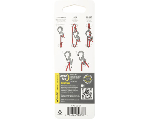 Verpackung mit Anweisungen zur Verwendung eines Nite Ize Karabiners
