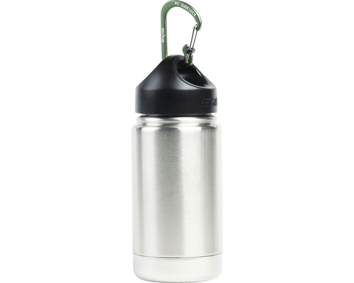 Edelstahl Trinkflasche mit schwarzem Verschluss und Karabinerhaken