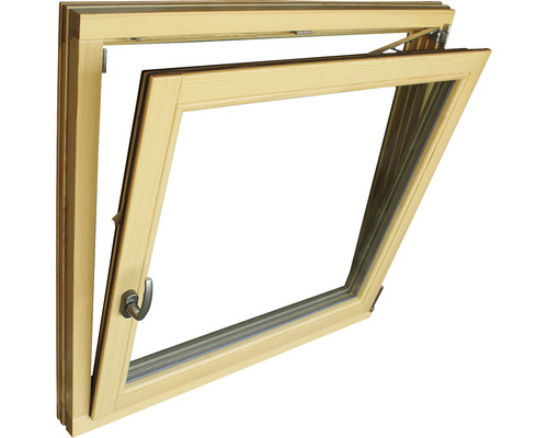 Geöffnetes Holzfenster mit Griff