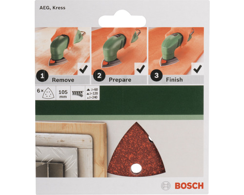 Sechs dreieckige Schleifpapierblätter mit einer Körnung von 60, 120 und 240, Größe 105 mm, geeignet für AEG- und Kress-Geräte, Bosch Logo