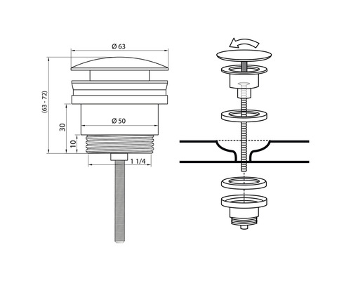 Technische Zeichnung eines Ablaufventils mit den Maßangaben.