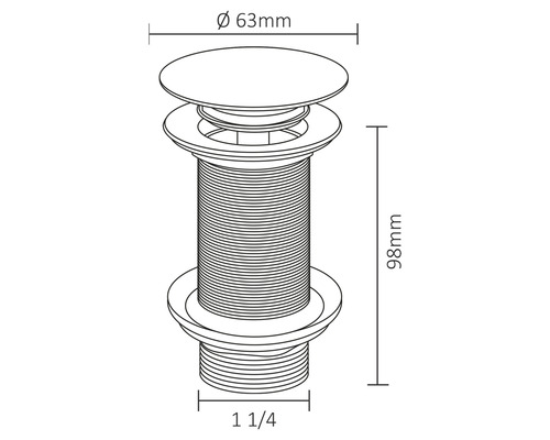 Zeichnung eines Ablaufventils mit den Maßen 63 mm Durchmesser und 98 mm Höhe
