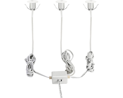 Drei Einbauleuchten mit Kabeln und Transformator