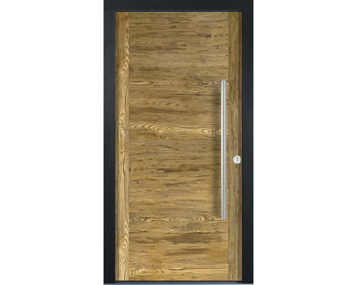 Haustür mit Holzstruktur und Edelstahlgriff