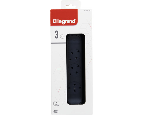 Legrand Steckdosenleiste mit drei Steckdosen, 1,5 Meter Kabel und 180 Grad Drehwinkel in Verpackung