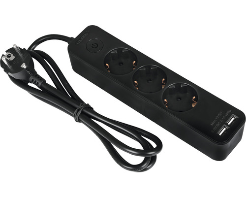 Steckdosenleiste 3-fach, 2-fach USB 1,5 m schwarz