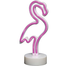 Neonlampe in Form eines Flamingos auf einem Sockel