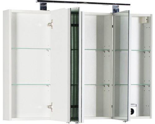 Offener Spiegelschrank mit Beleuchtung und Glasablagen