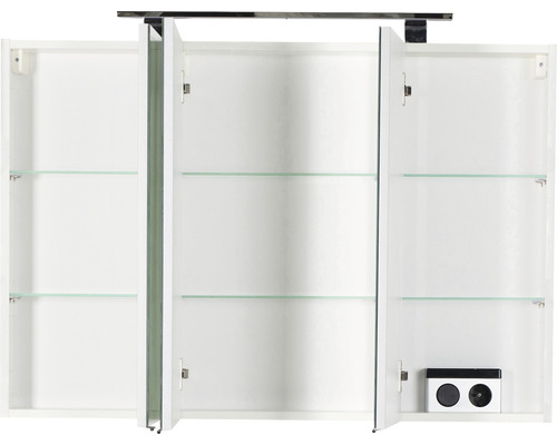 Weißer Spiegelschrank mit drei Türen und Glasablagen