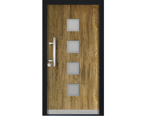Holztür mit vier quadratischen Glaseinsätzen und einem Griff