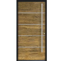 Haustür mit Holzdekor und Metallgriff