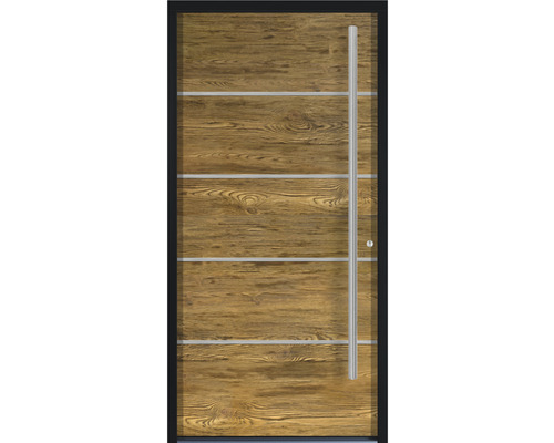 Haustür mit Holzdekor und Metallgriff
