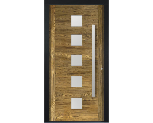 Haustür mit Holzdekor, Glasfenstern und Griff