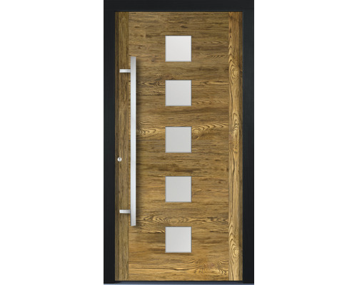 Haustür aus Holz mit fünf quadratischen Glaseinsätzen und einem vertikalen Griff.